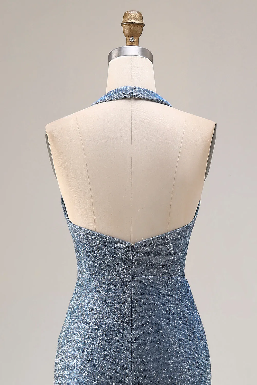 Dusty Blue Halter Mermaid Ruched Long Prom Dress with Slit sold by Zapaka product image thumbnail 5