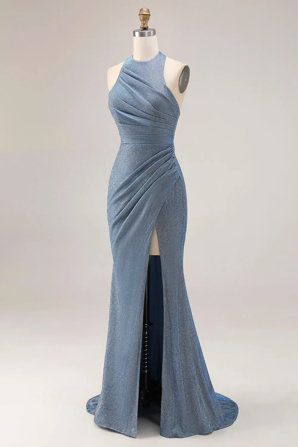 Dusty Blue Halter Mermaid Ruched Long Prom Dress with Slit sold by Zapaka product image thumbnail 3