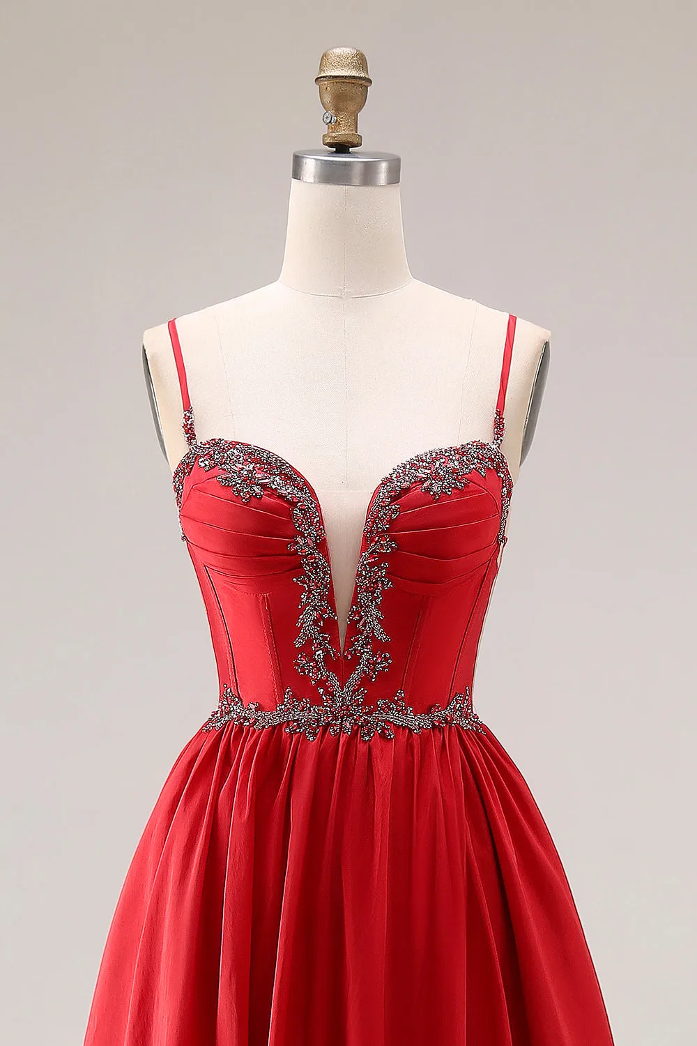 Red A-Line Spaghetti Straps Corset Appliqued Long Prom Dress with Slit sold by Zapaka product image thumbnail 4