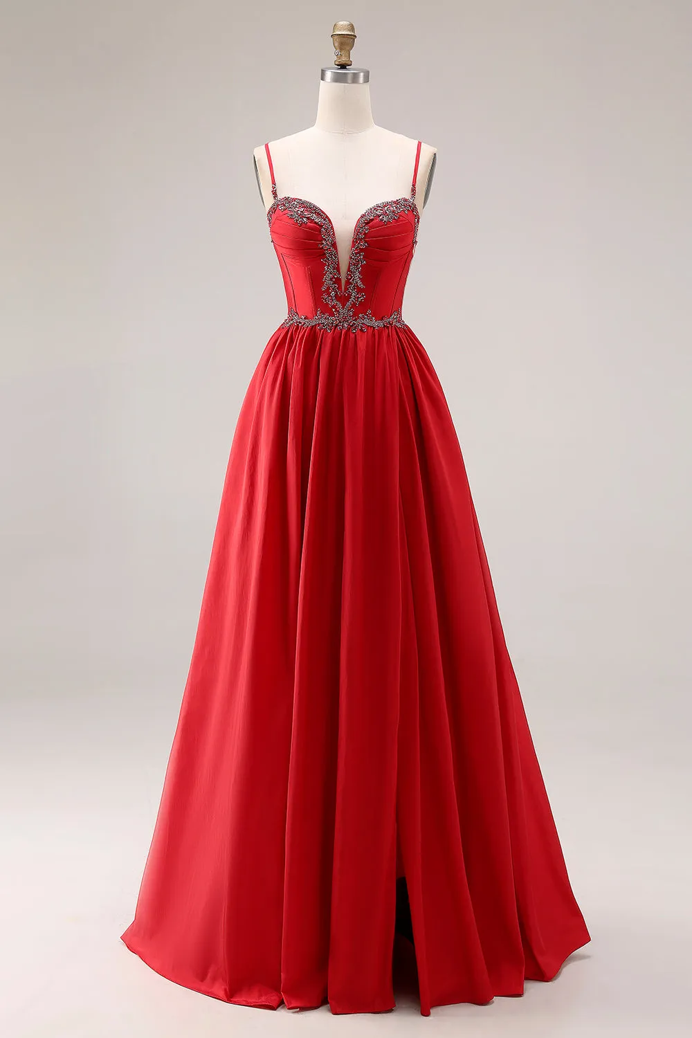 Red A-Line Spaghetti Straps Corset Appliqued Long Prom Dress with Slit sold by Zapaka