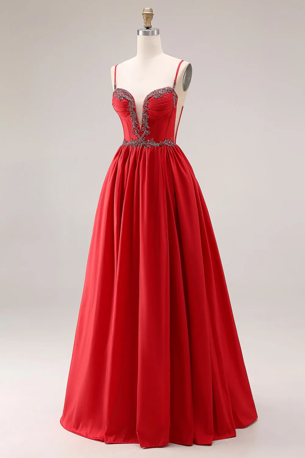 Red A-Line Spaghetti Straps Corset Appliqued Long Prom Dress with Slit sold by Zapaka product image thumbnail 3