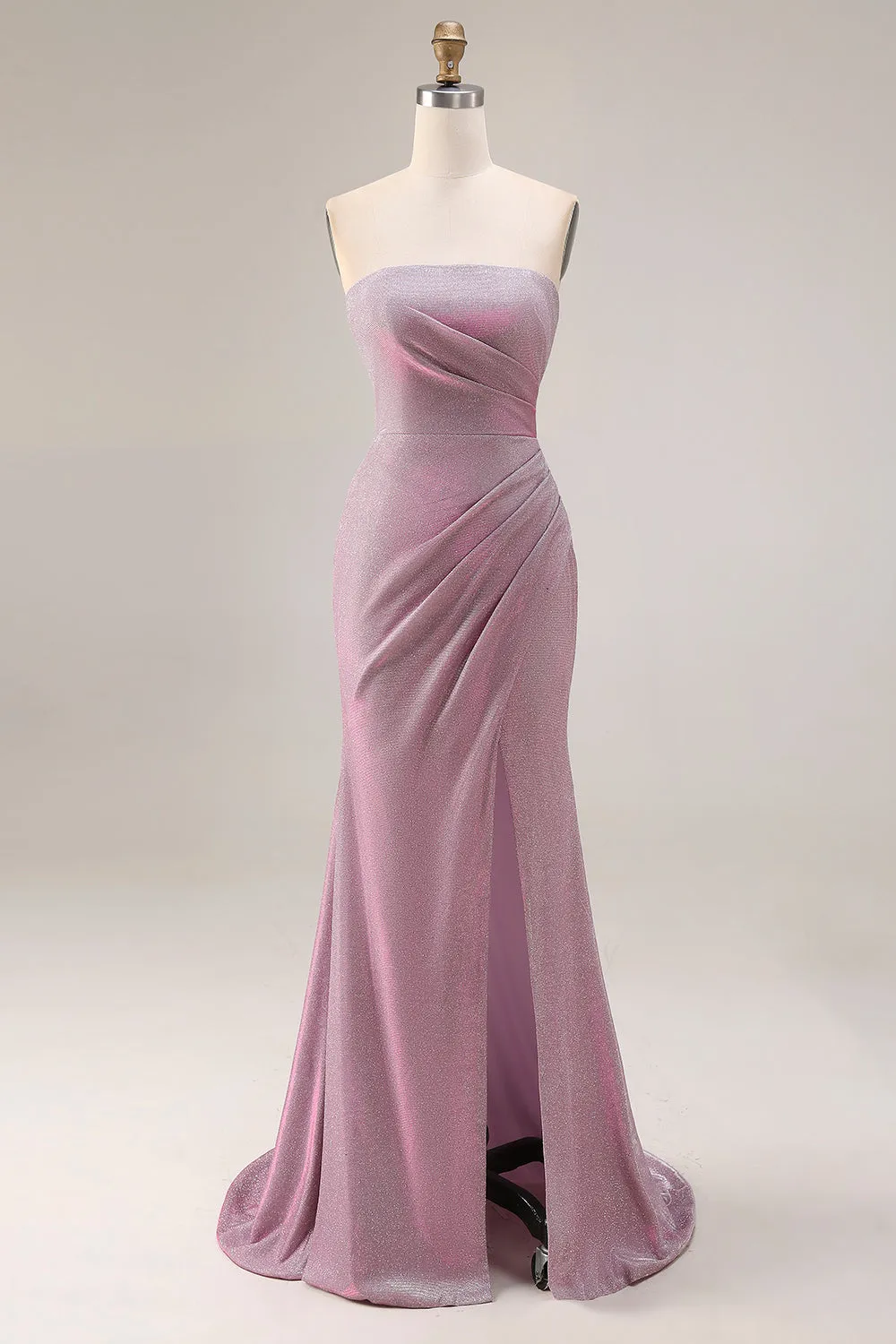 Dusty Plum Strapless Mermaid Ruched Long Prom Dress with Slit sold by Zapaka