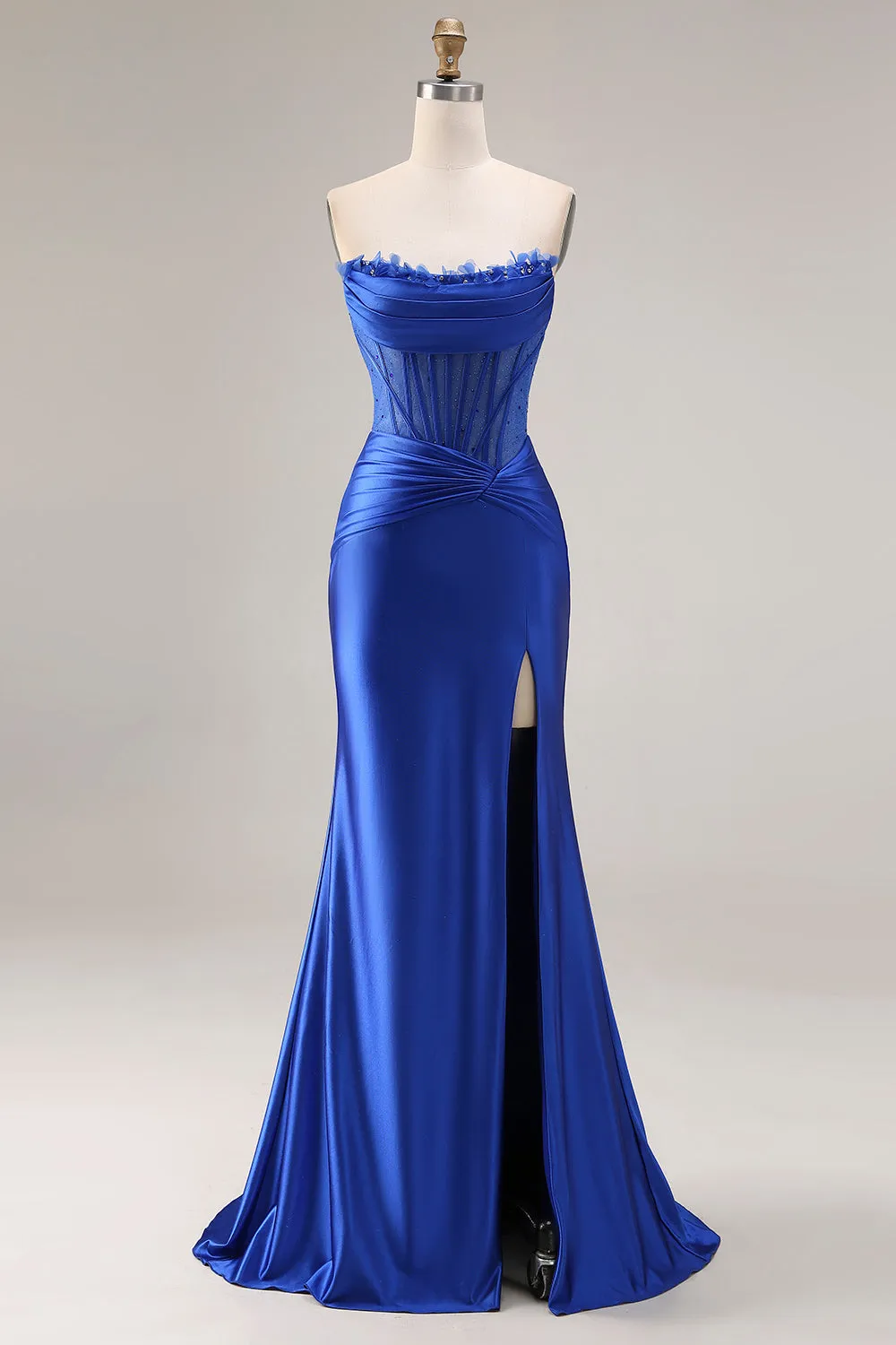 Royal Blue Satin Strapless Corset Mermaid Long Prom Dress with Slit sold by Zapaka