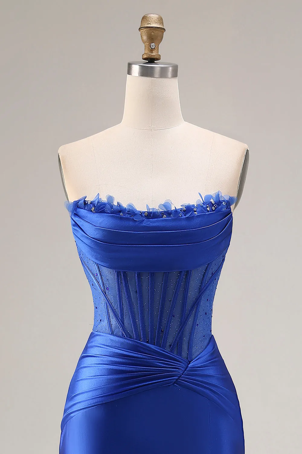 Royal Blue Satin Strapless Corset Mermaid Long Prom Dress with Slit sold by Zapaka product image thumbnail 4