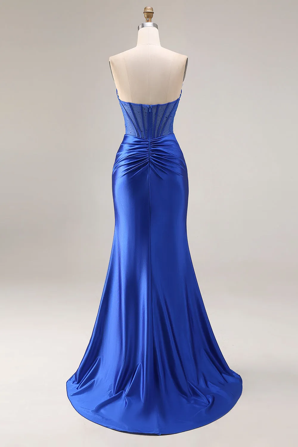 Royal Blue Satin Strapless Corset Mermaid Long Prom Dress with Slit sold by Zapaka product image thumbnail 2