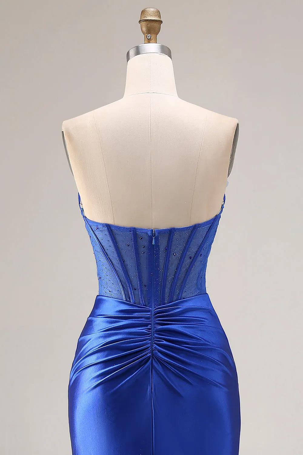 Royal Blue Satin Strapless Corset Mermaid Long Prom Dress with Slit sold by Zapaka product image thumbnail 5