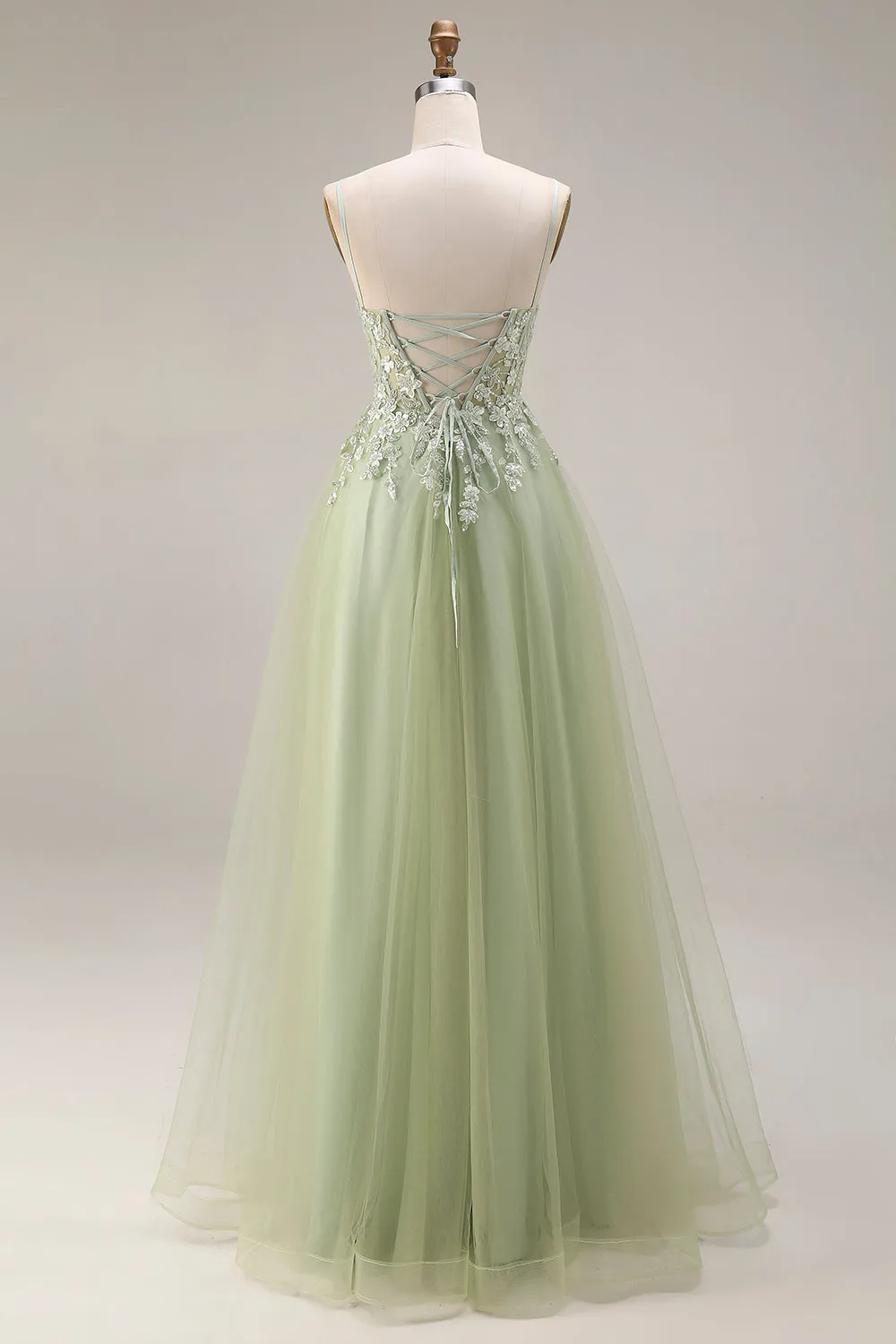 Light Green Tulle A-Line Corset Appliqued Spaghetti Straps Long Prom Dress sold by Zapaka product image thumbnail 2