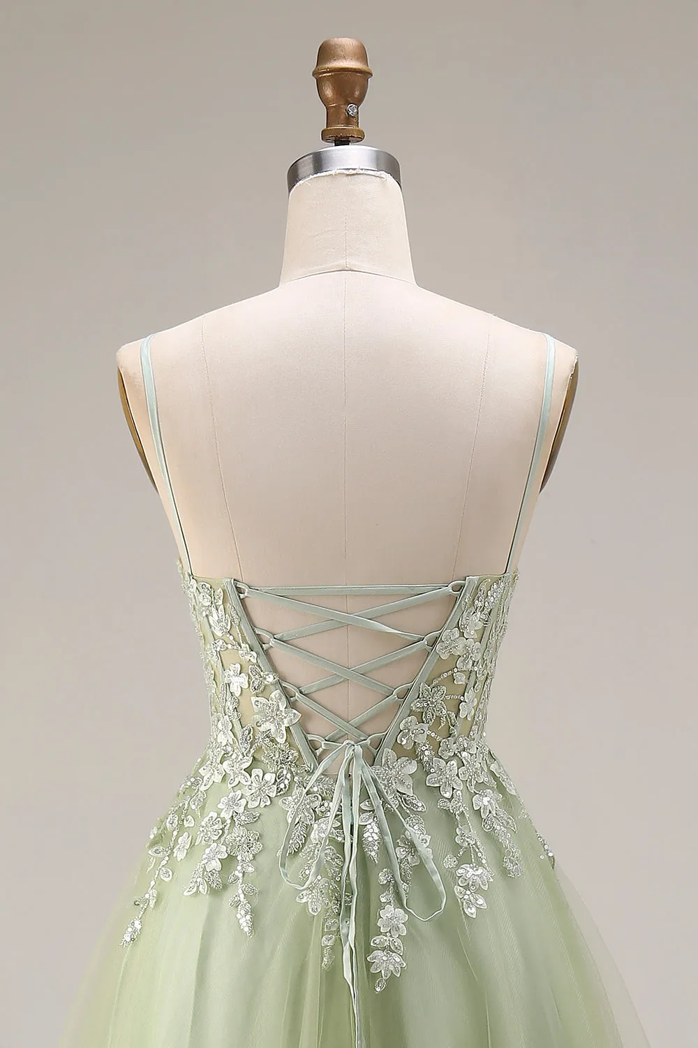 Light Green Tulle A-Line Corset Appliqued Spaghetti Straps Long Prom Dress sold by Zapaka product image thumbnail 5