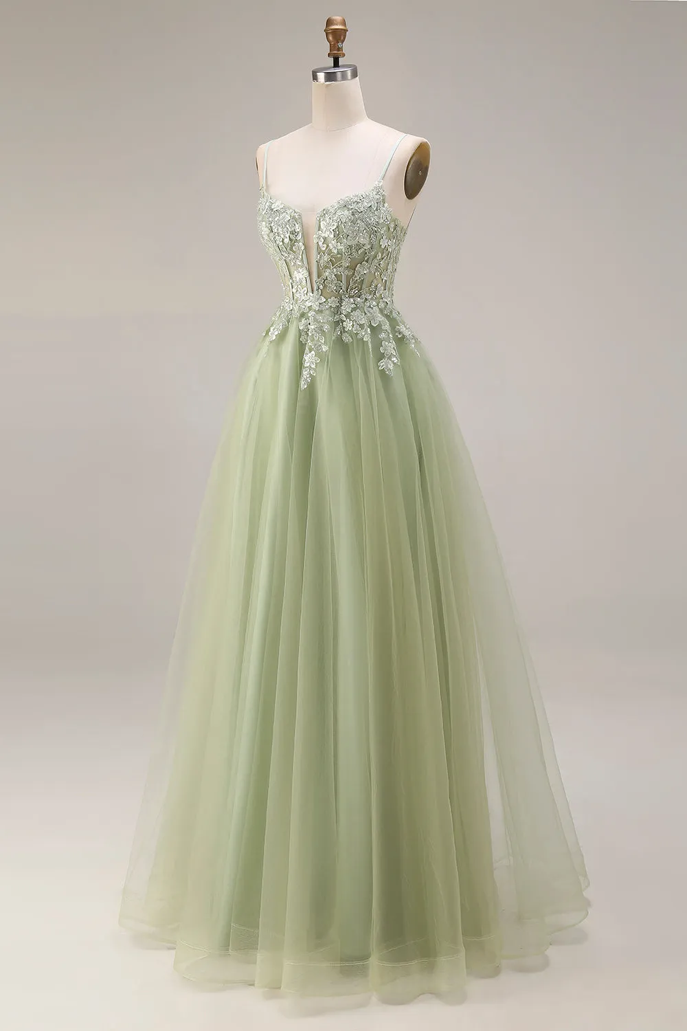 Light Green Tulle A-Line Corset Appliqued Spaghetti Straps Long Prom Dress sold by Zapaka product image thumbnail 3