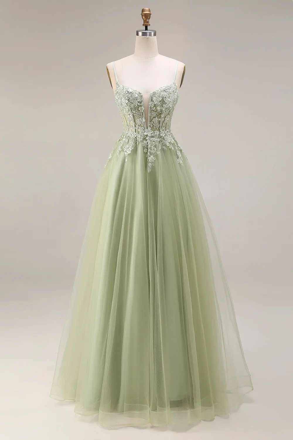 Light Green Tulle A-Line Corset Appliqued Spaghetti Straps Long Prom Dress sold by Zapaka