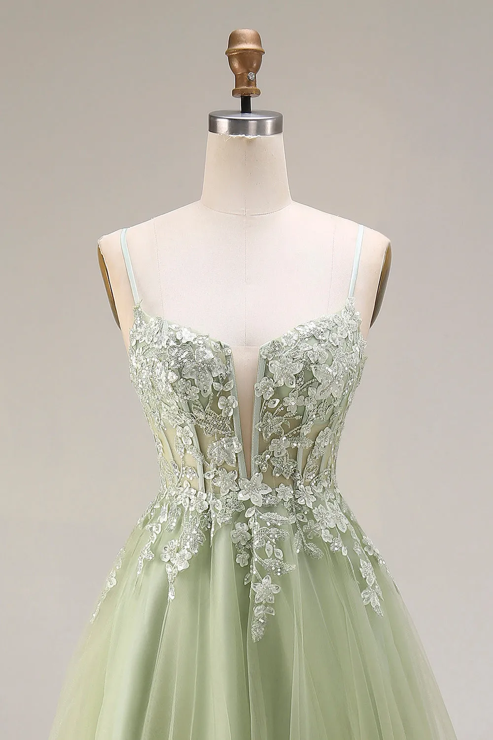 Light Green Tulle A-Line Corset Appliqued Spaghetti Straps Long Prom Dress sold by Zapaka product image thumbnail 4