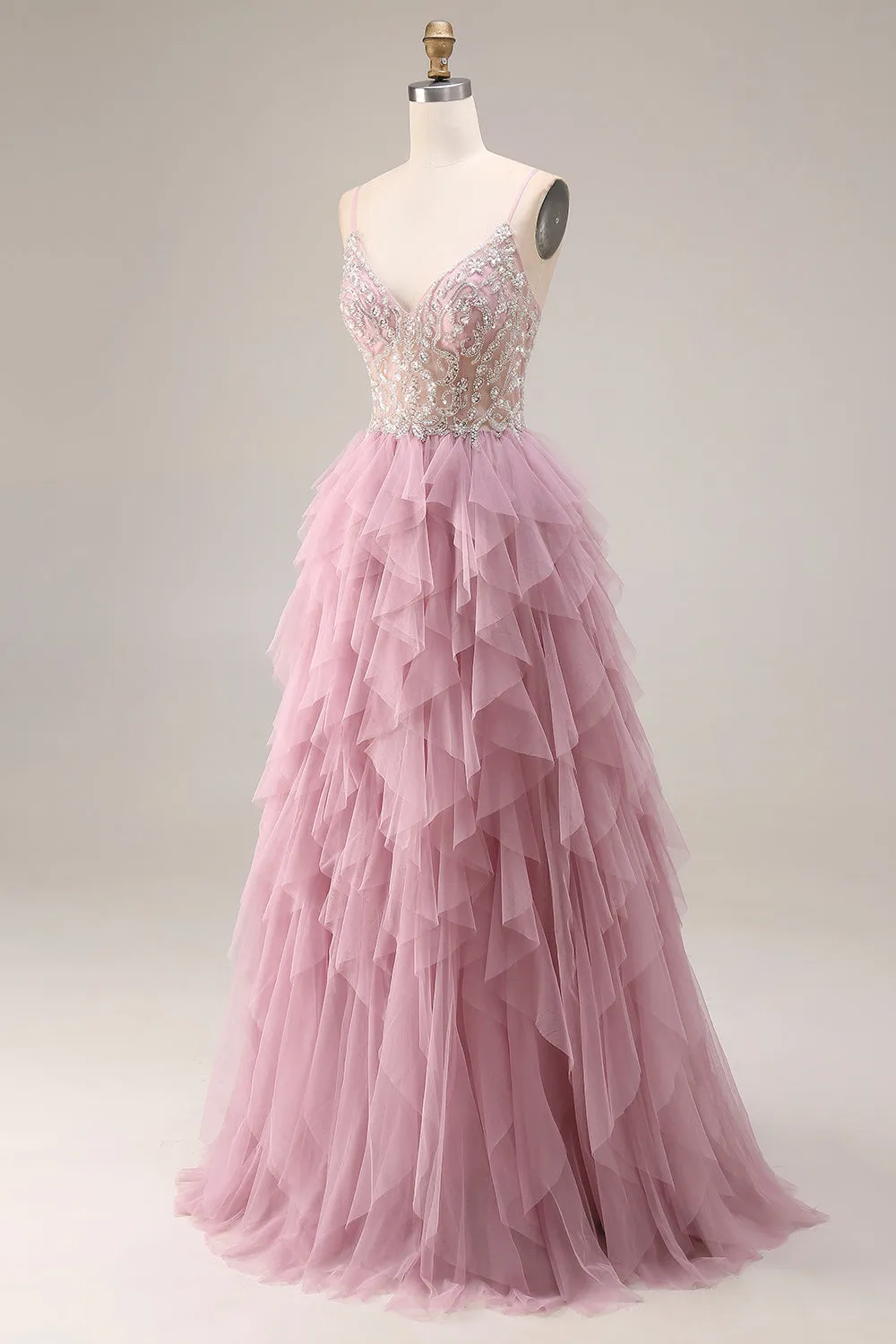 Dusty Pink A-Line Tulle Spaghetti Straps Long Prom Dress with Ruffles sold by Zapaka product image thumbnail 3