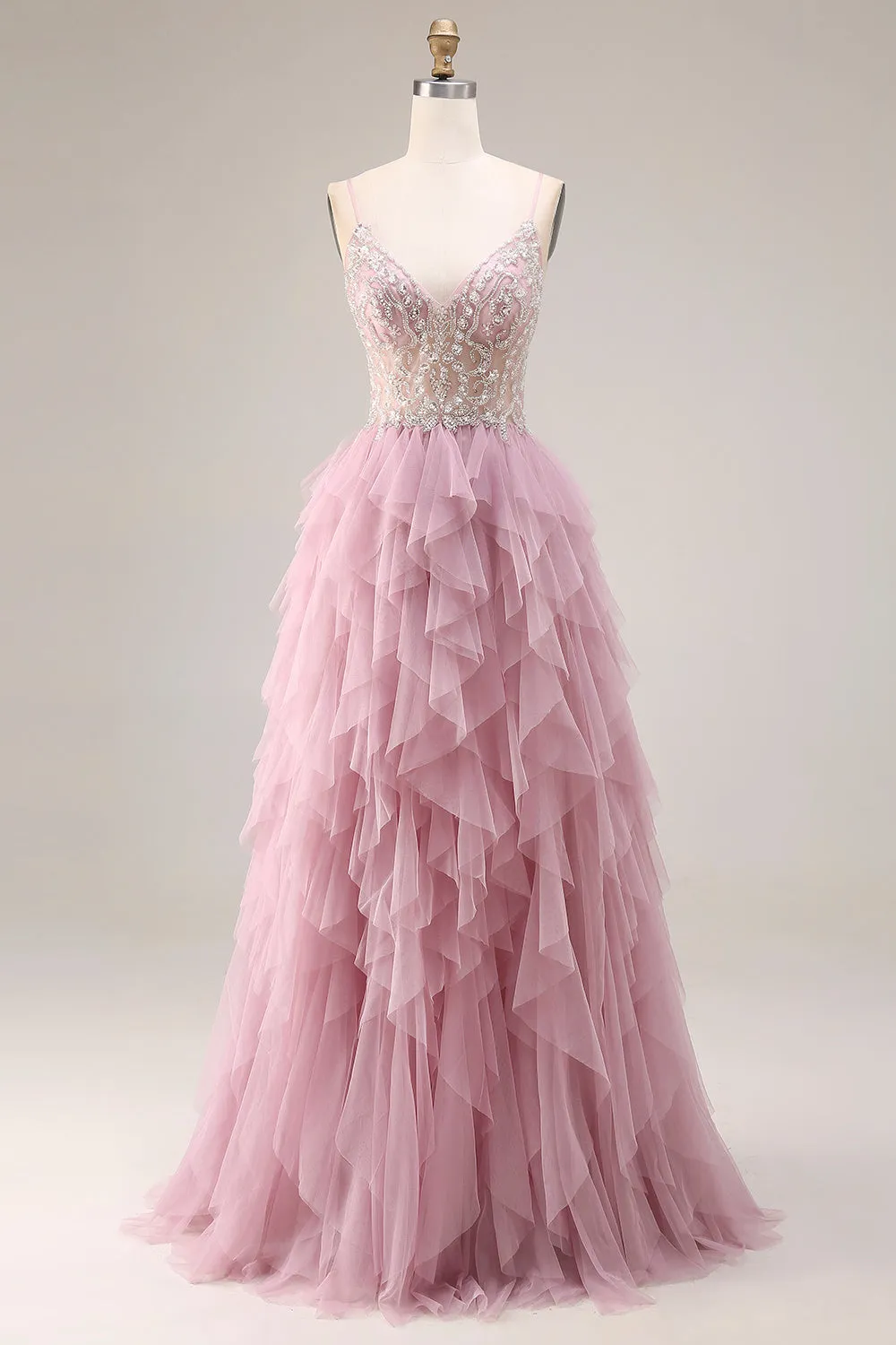 Dusty Pink A-Line Tulle Spaghetti Straps Long Prom Dress with Ruffles sold by Zapaka