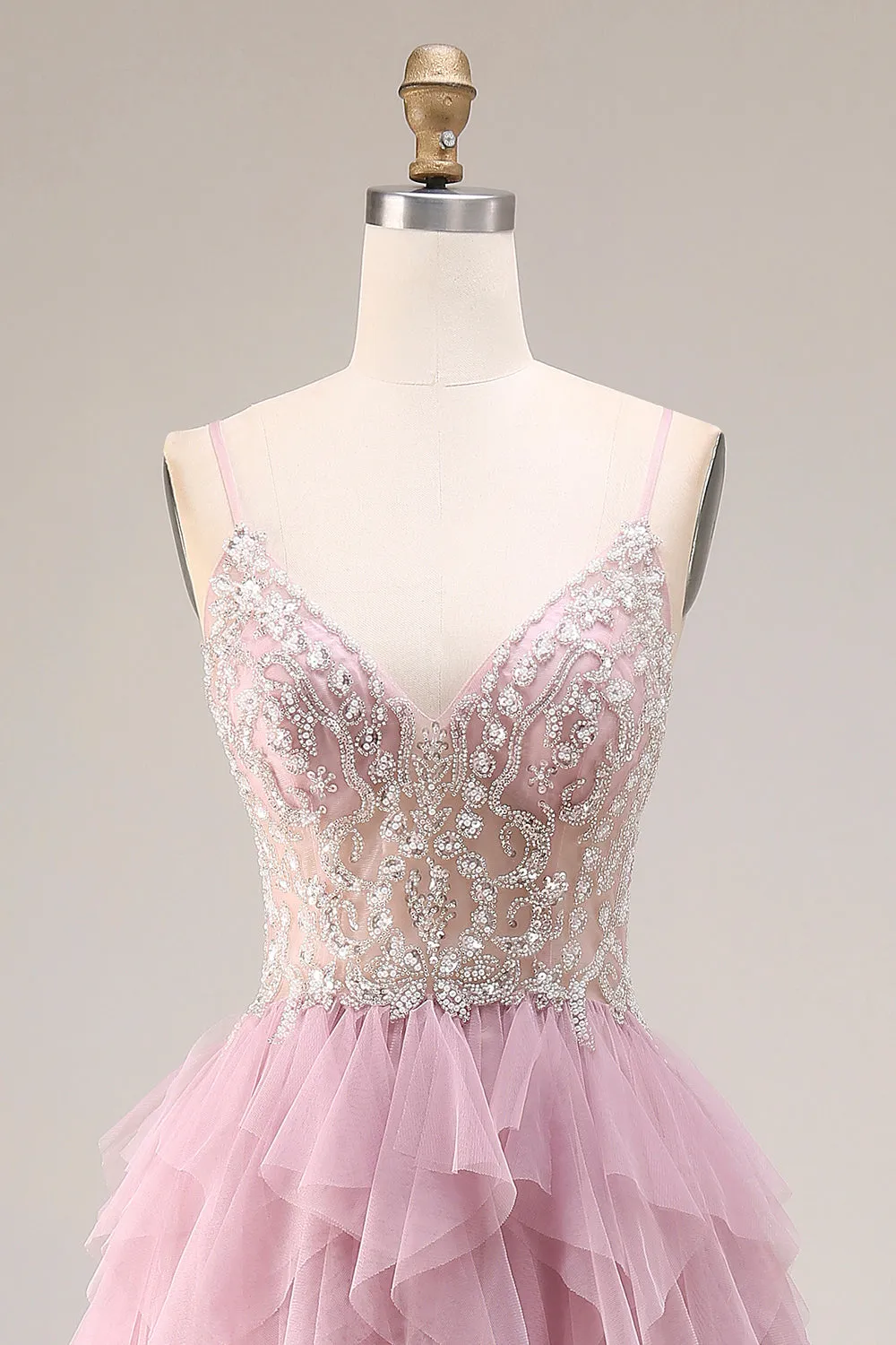 Dusty Pink A-Line Tulle Spaghetti Straps Long Prom Dress with Ruffles sold by Zapaka product image thumbnail 4