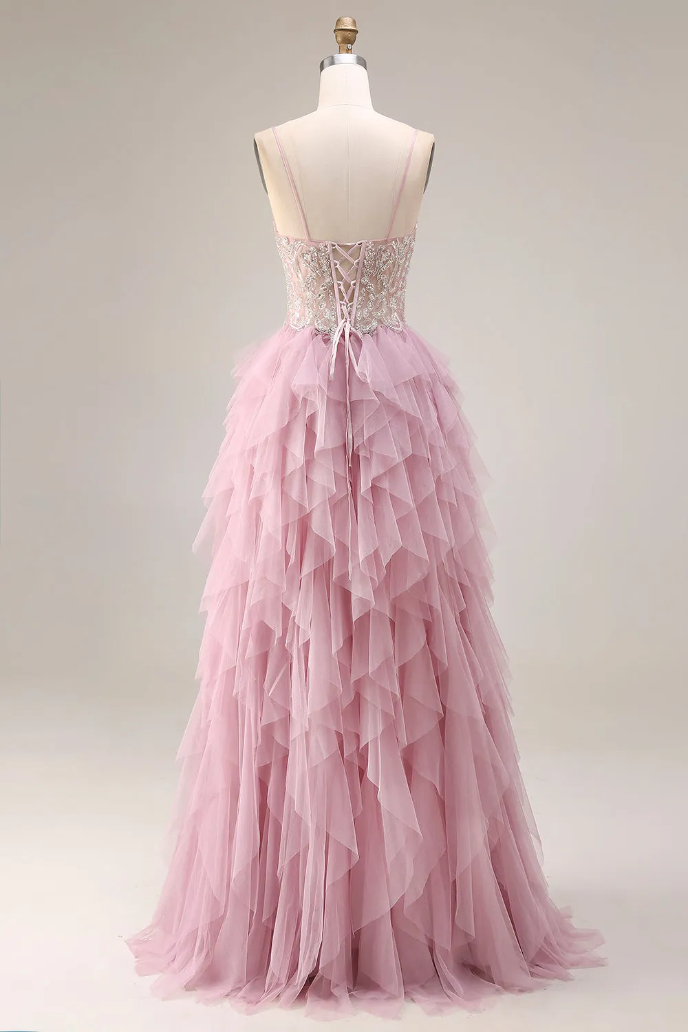 Dusty Pink A-Line Tulle Spaghetti Straps Long Prom Dress with Ruffles sold by Zapaka product image thumbnail 2