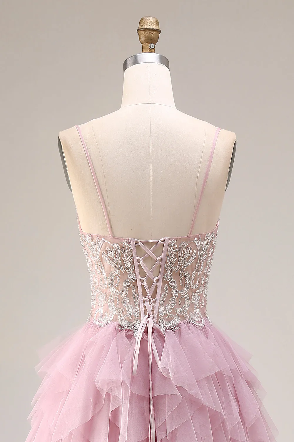 Dusty Pink A-Line Tulle Spaghetti Straps Long Prom Dress with Ruffles sold by Zapaka product image thumbnail 5