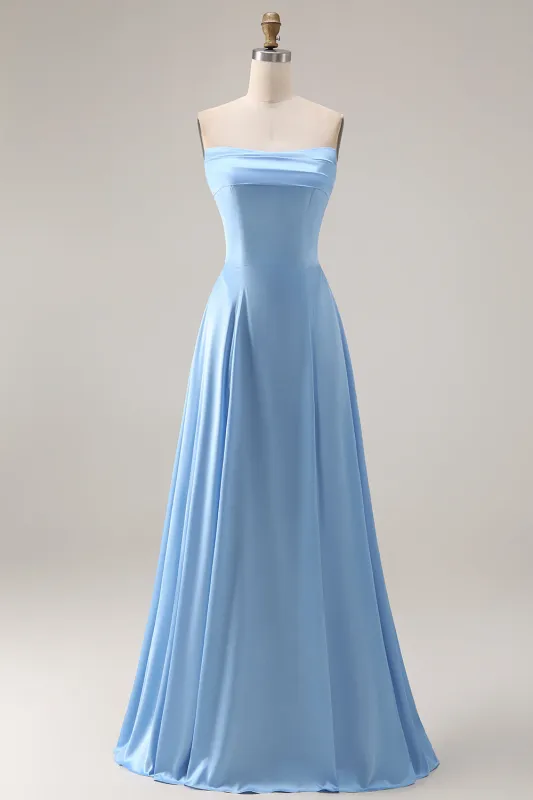 Strapless Blue Satin A-Line Long Bridesmaid Dress sold by Zapaka