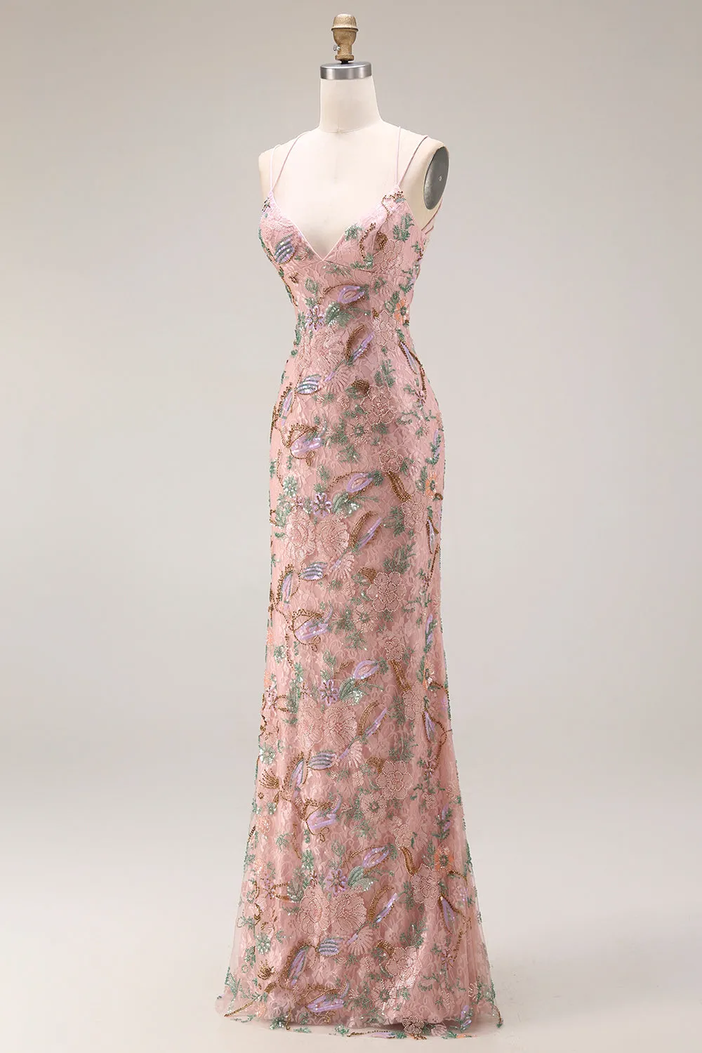 Blush Floral Spaghetti Straps Sheath Beaded Long Prom Dress with Sequins sold by Zapaka product image thumbnail 3