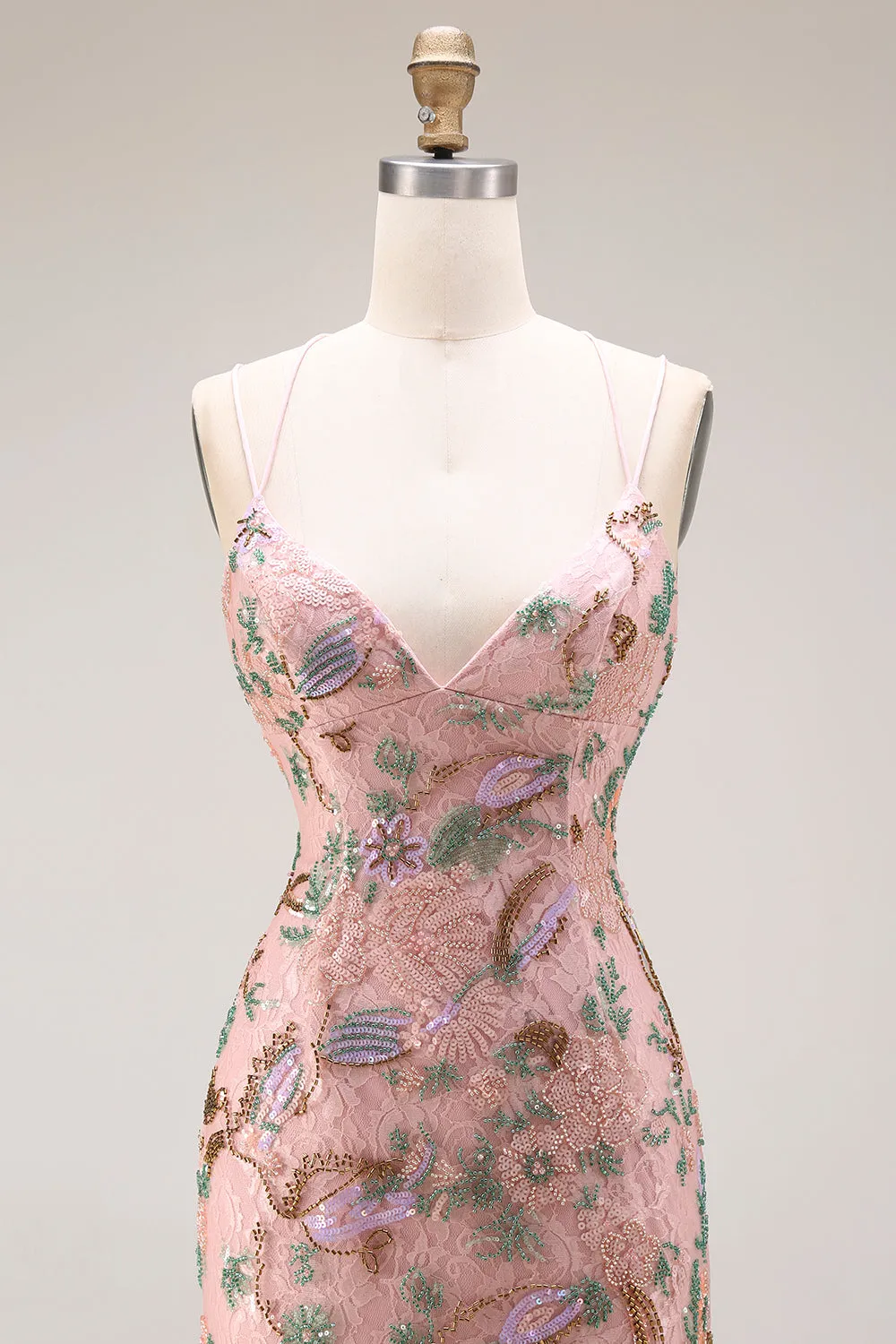 Blush Floral Spaghetti Straps Sheath Beaded Long Prom Dress with Sequins sold by Zapaka product image thumbnail 4