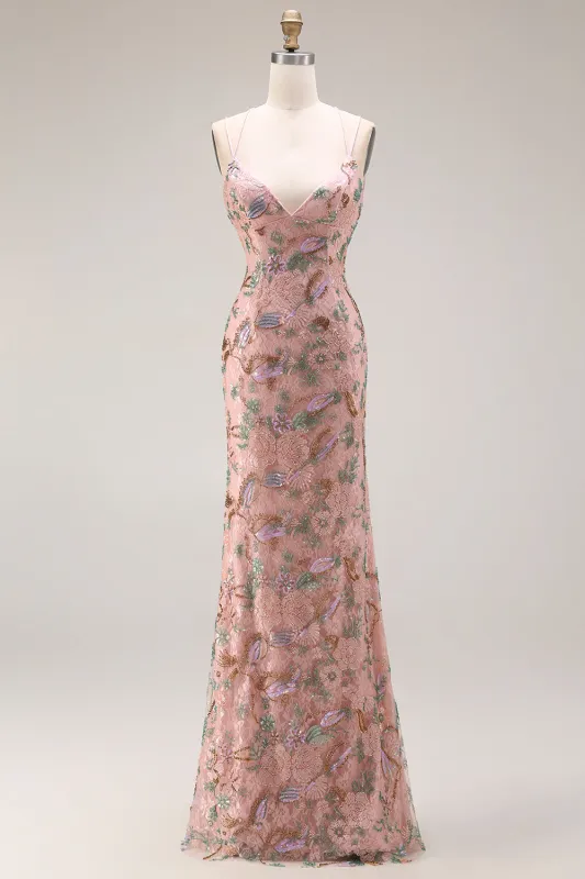 Blush Floral Spaghetti Straps Sheath Beaded Long Prom Dress with Sequins sold by Zapaka