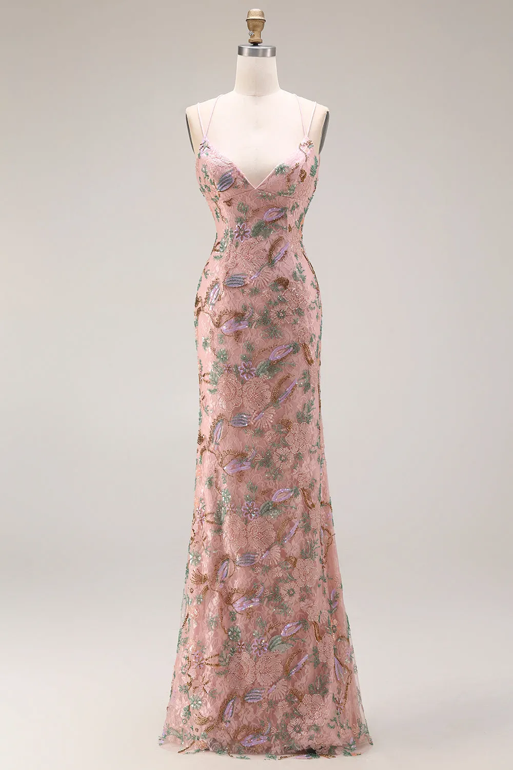Blush Floral Spaghetti Straps Sheath Beaded Long Prom Dress with Sequins sold by Zapaka