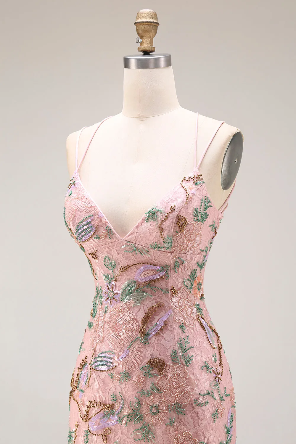 Blush Floral Spaghetti Straps Sheath Beaded Long Prom Dress with Sequins sold by Zapaka product image thumbnail 5