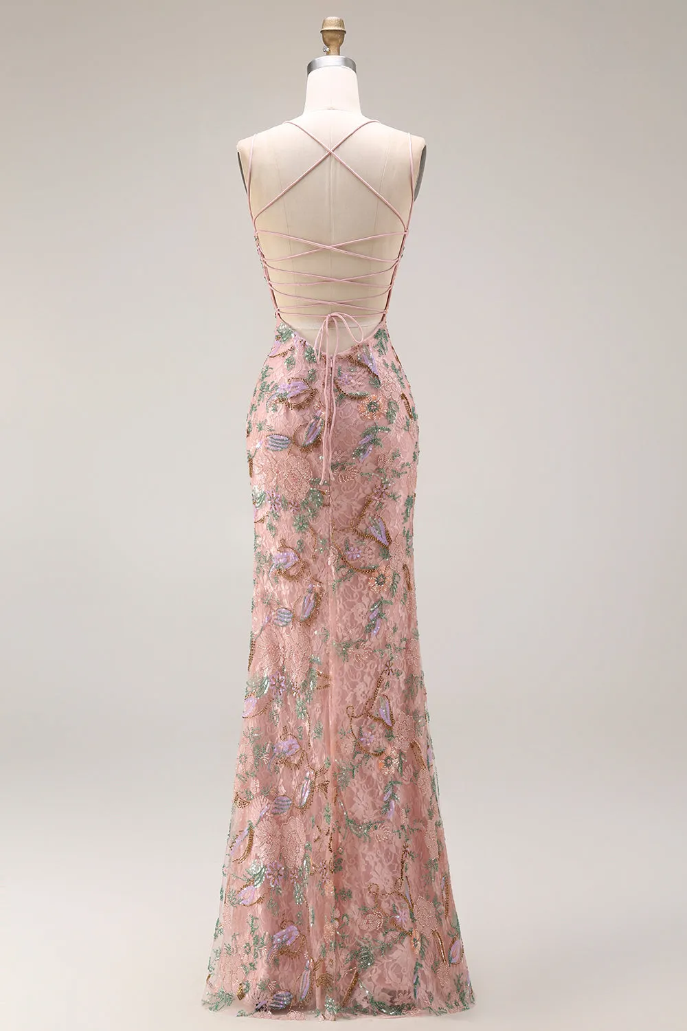 Blush Floral Spaghetti Straps Sheath Beaded Long Prom Dress with Sequins sold by Zapaka product image thumbnail 2