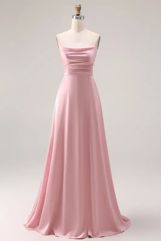 Dusty Rose A-Line Strapless Ruched Satin Long Bridesmaid Dress made by Zapaka