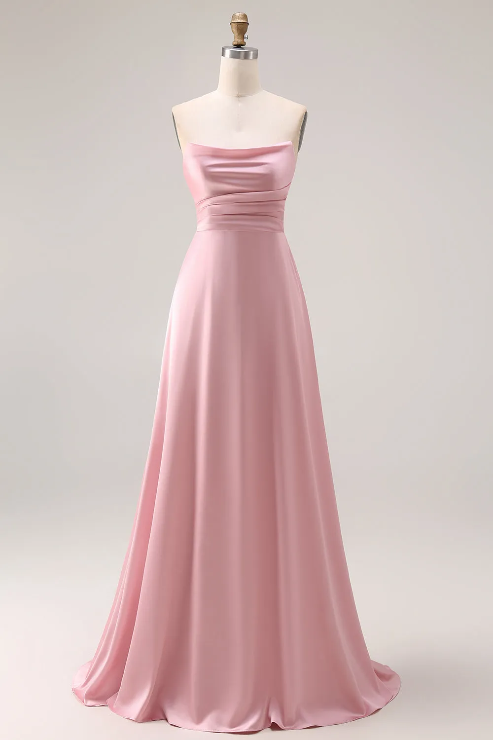 Dusty Rose A-Line Strapless Ruched Satin Long Bridesmaid Dress sold by Zapaka