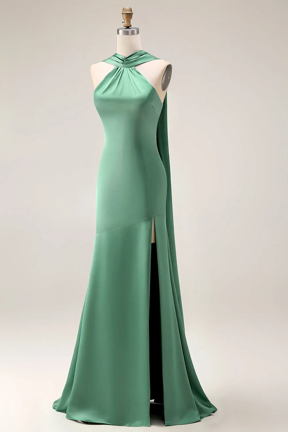 Halter Green Mermaid Long Satin Bridesmaid Dress with Slit sold by Zapaka product image thumbnail 3