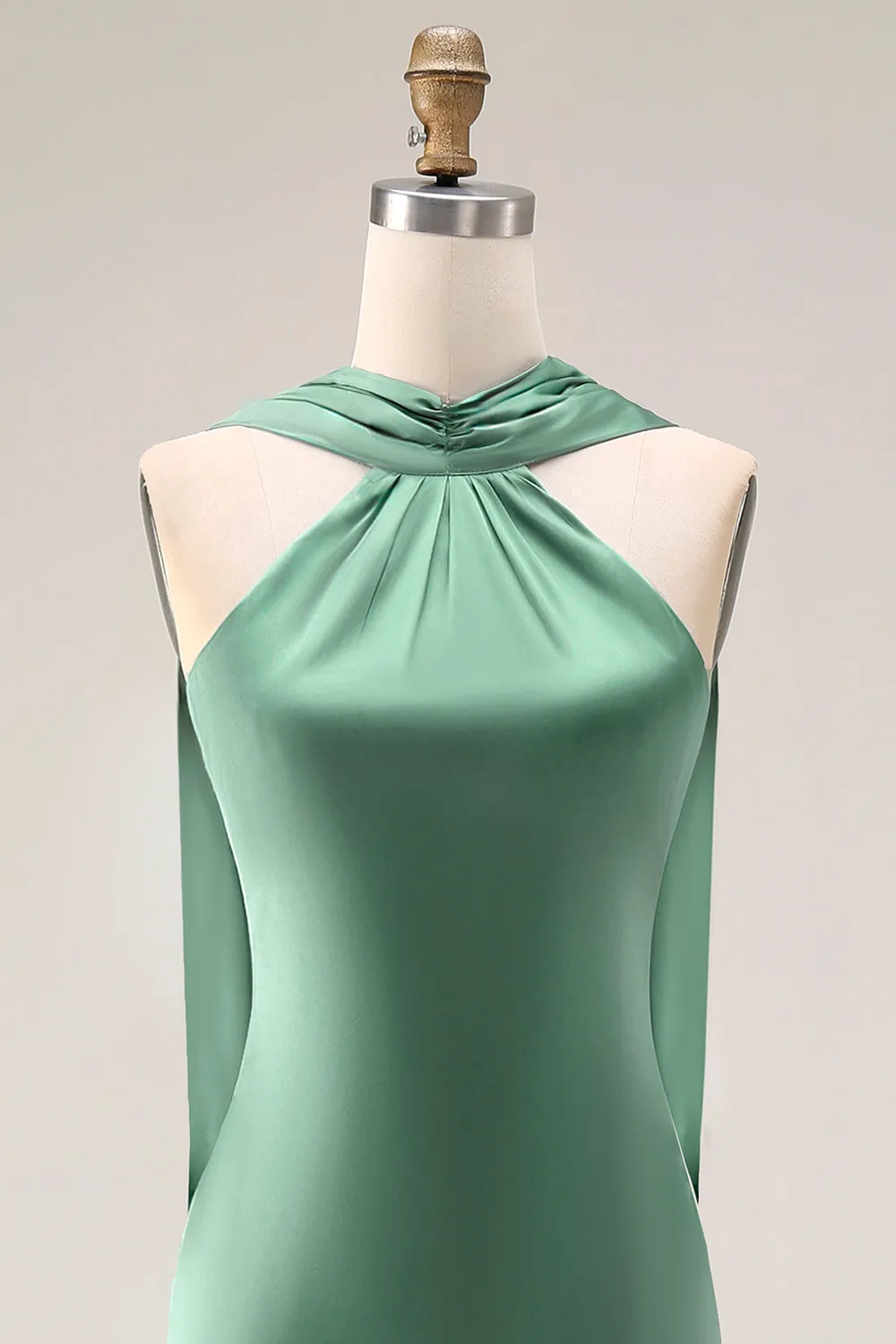 Halter Green Mermaid Long Satin Bridesmaid Dress with Slit sold by Zapaka product image thumbnail 4