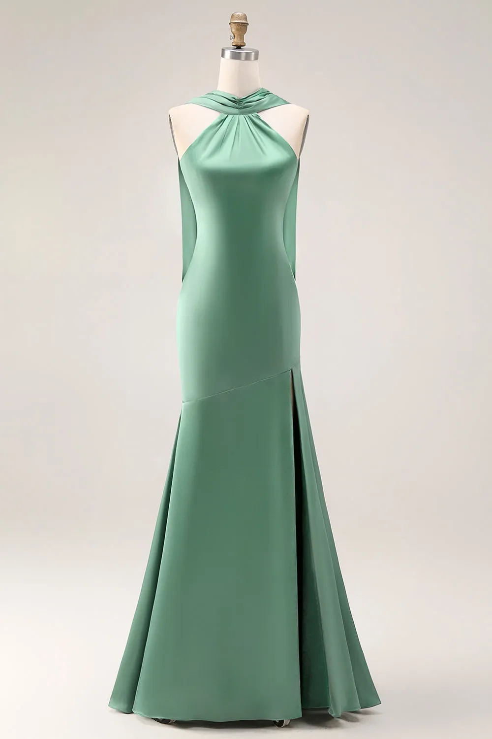 Halter Green Mermaid Long Satin Bridesmaid Dress with Slit sold by Zapaka