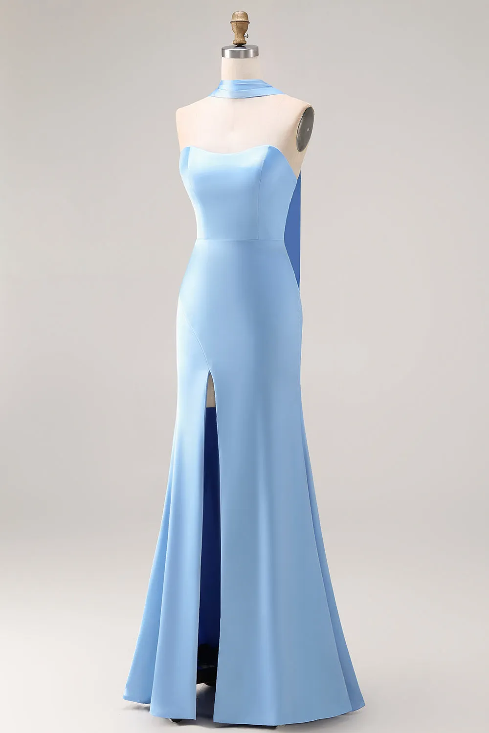 Blue Mermaid Strapless Side Slit Long Bridesmaid Dress with a Neck Scarf sold by Zapaka product image thumbnail 3