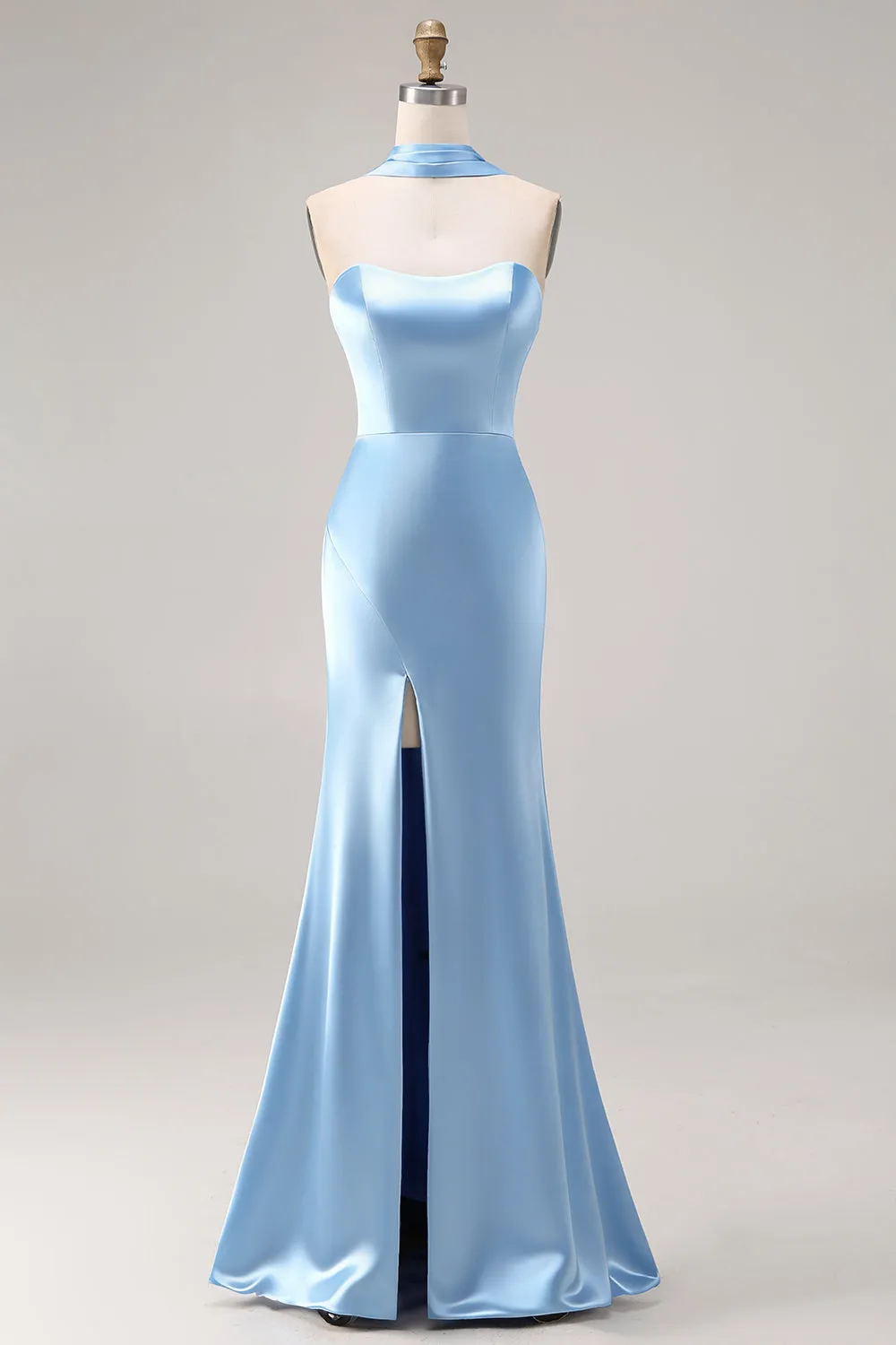 Blue Mermaid Strapless Side Slit Long Bridesmaid Dress with a Neck Scarf sold by Zapaka