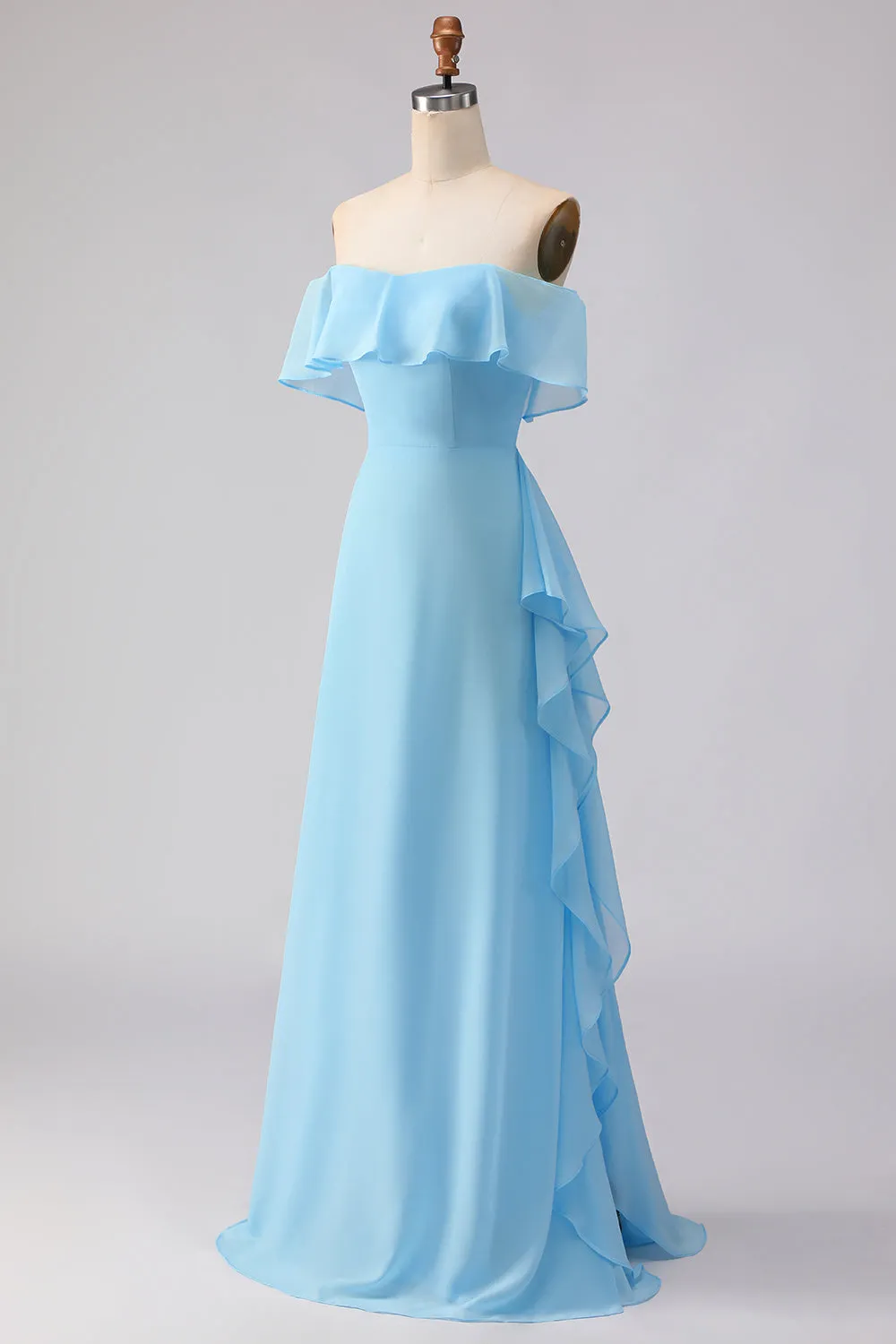 Off The Shoulder Blue A-Line Ruffled Chiffon Long Bridesmaid Dress sold by Zapaka product image thumbnail 3