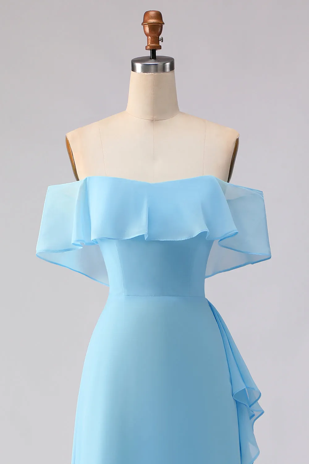 Off The Shoulder Blue A-Line Ruffled Chiffon Long Bridesmaid Dress sold by Zapaka product image thumbnail 4