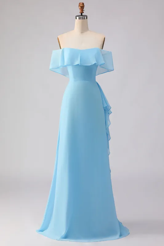 Off The Shoulder Blue A-Line Ruffled Chiffon Long Bridesmaid Dress sold by Zapaka