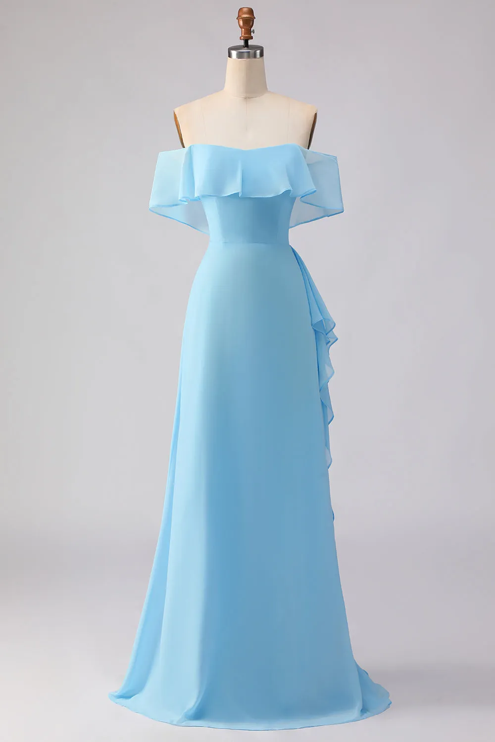 Off The Shoulder Blue A-Line Ruffled Chiffon Long Bridesmaid Dress sold by Zapaka