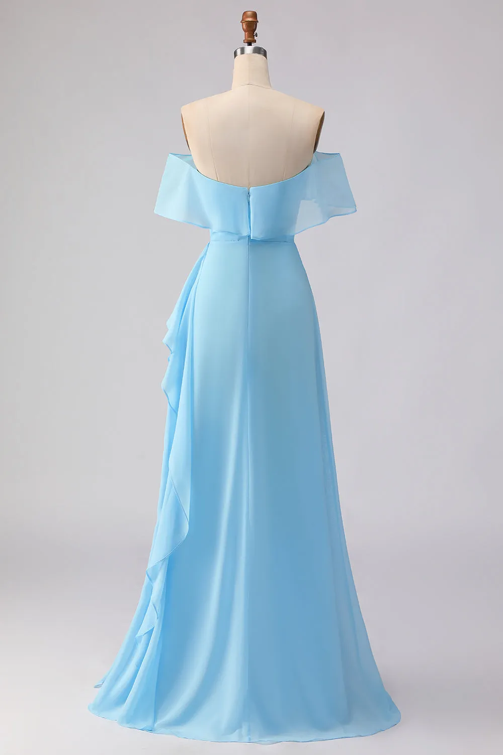 Off The Shoulder Blue A-Line Ruffled Chiffon Long Bridesmaid Dress sold by Zapaka product image thumbnail 2