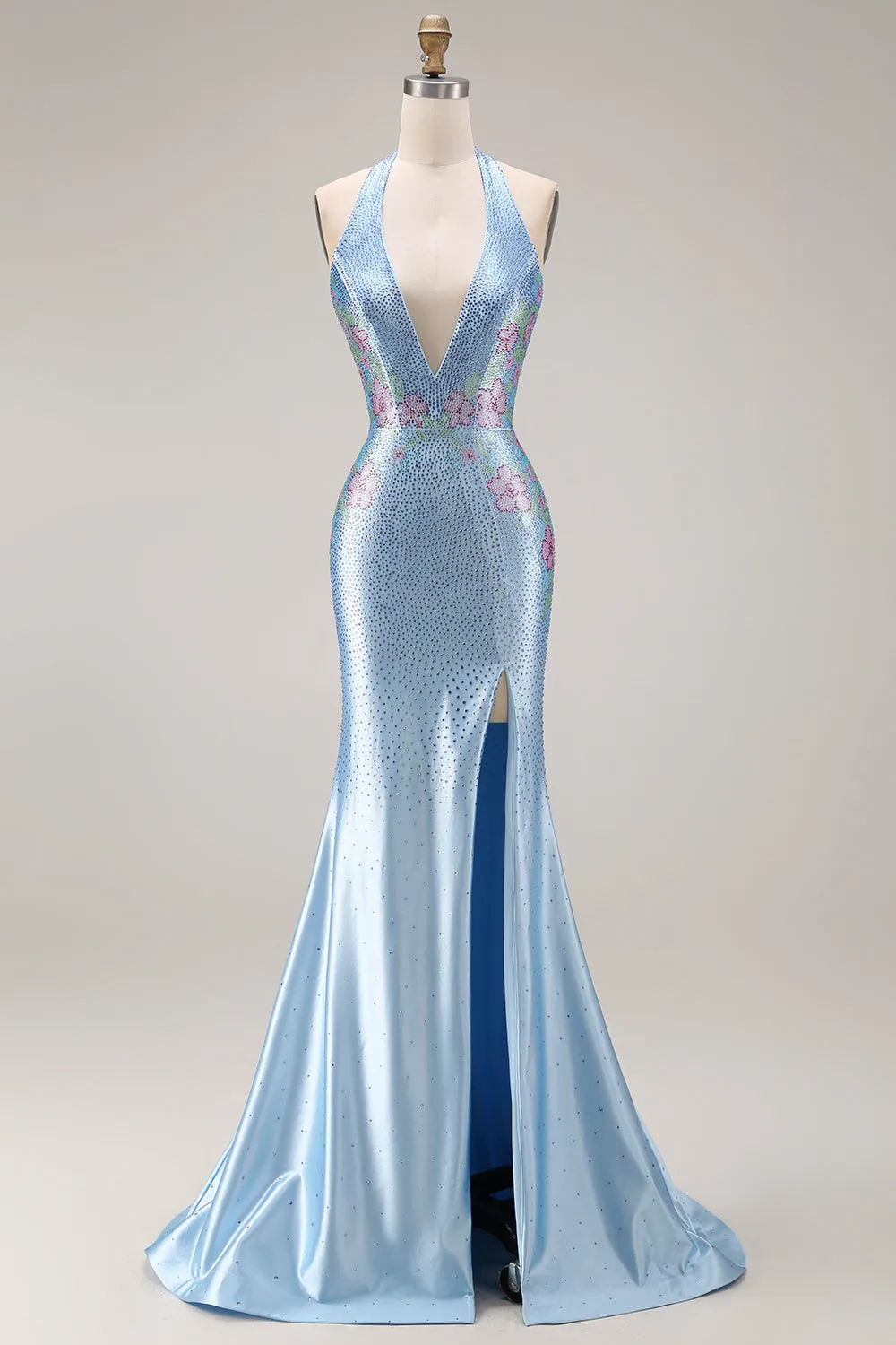 Sparkly Light Blue Beaded Satin V Neck Mermaid Long Prom Dress with Slit sold by Zapaka