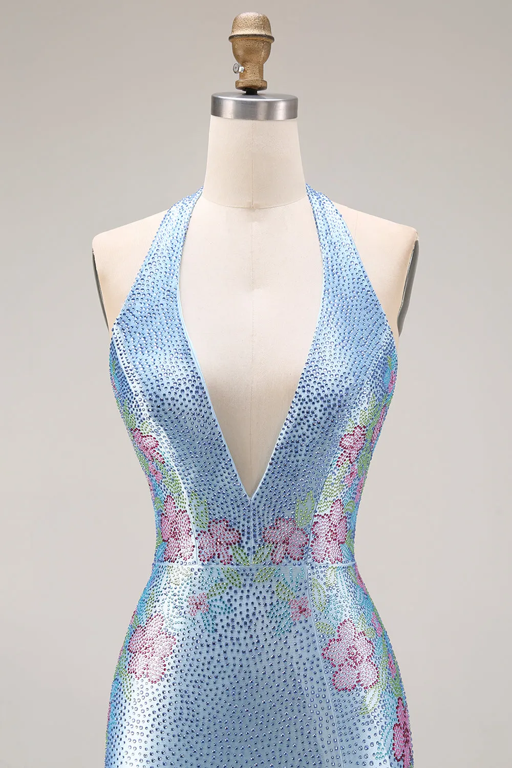 Sparkly Light Blue Beaded Satin V Neck Mermaid Long Prom Dress with Slit sold by Zapaka product image thumbnail 4