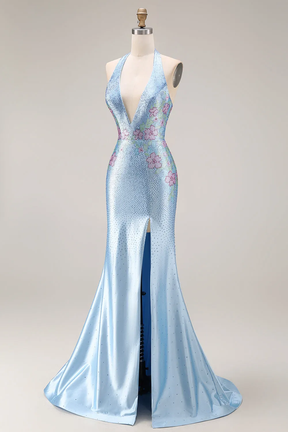 Sparkly Light Blue Beaded Satin V Neck Mermaid Long Prom Dress with Slit sold by Zapaka product image thumbnail 3