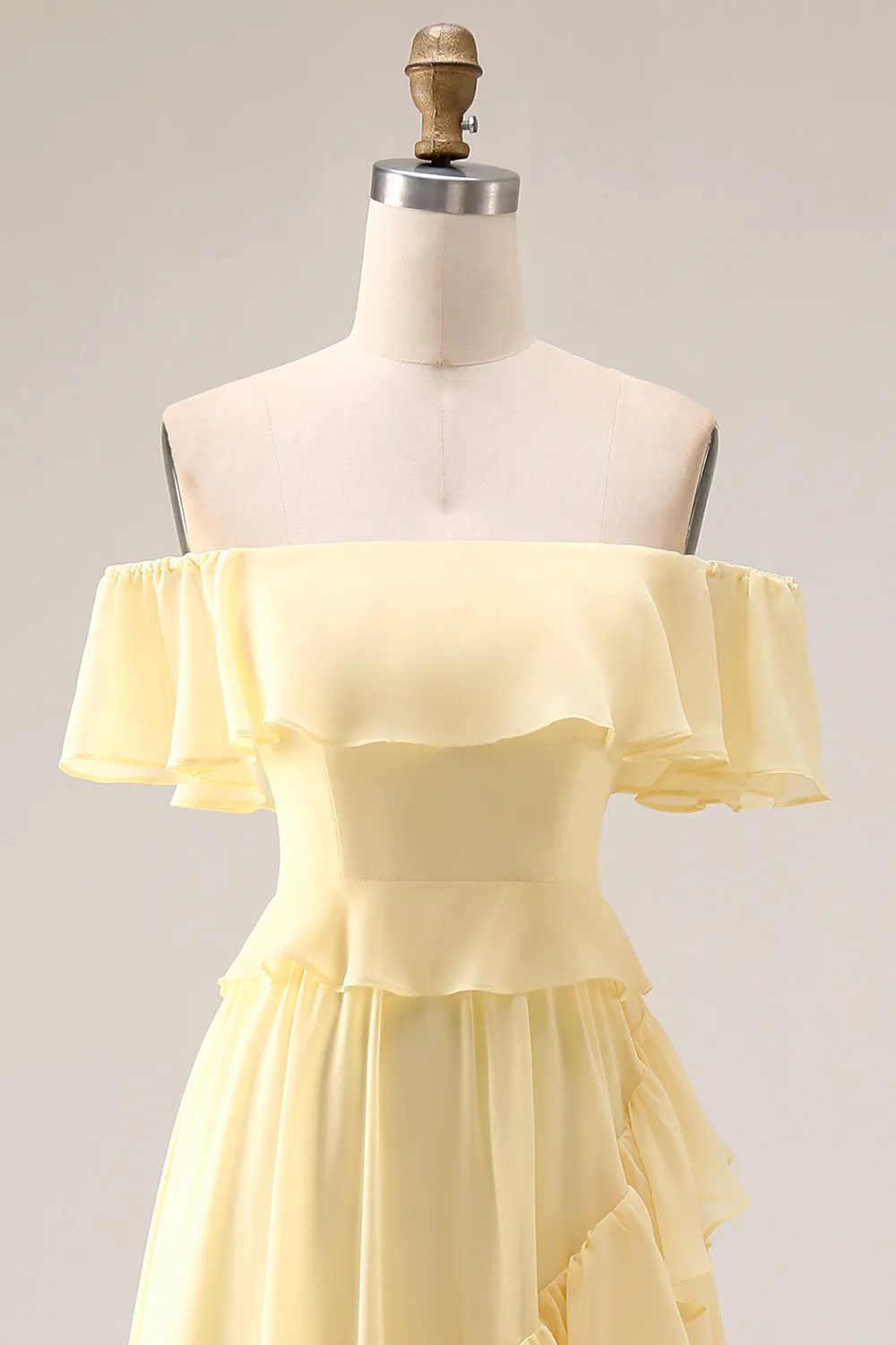 Light Yellow A-Line Off The Shoulder Chiffon Long Bridesmaid Dress with Ruffles sold by Zapaka product image thumbnail 4