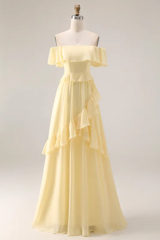 Light Yellow A-Line Off The Shoulder Chiffon Long Bridesmaid Dress with Ruffles made by Zapaka