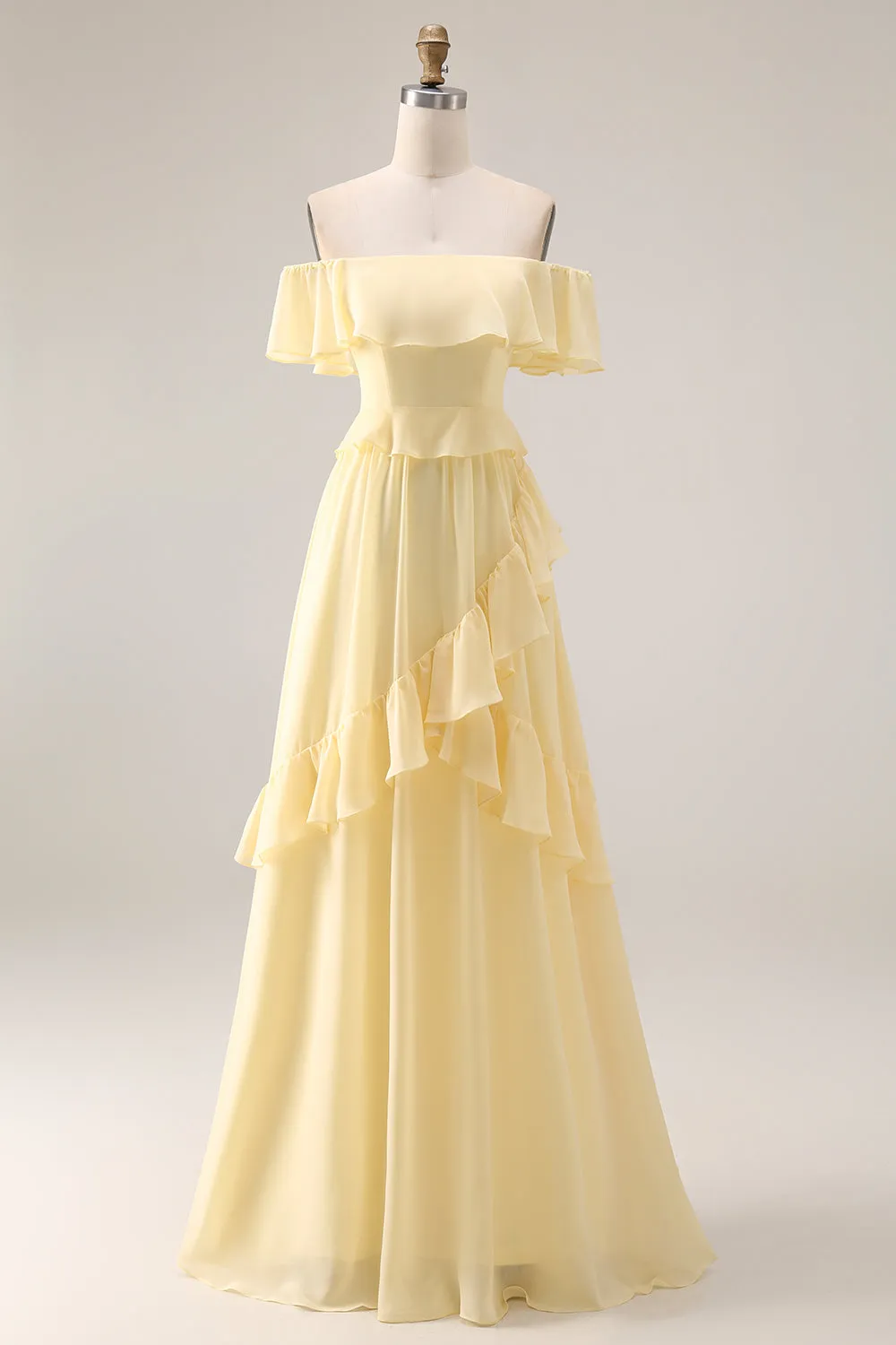 Light Yellow A-Line Off The Shoulder Chiffon Long Bridesmaid Dress with Ruffles sold by Zapaka
