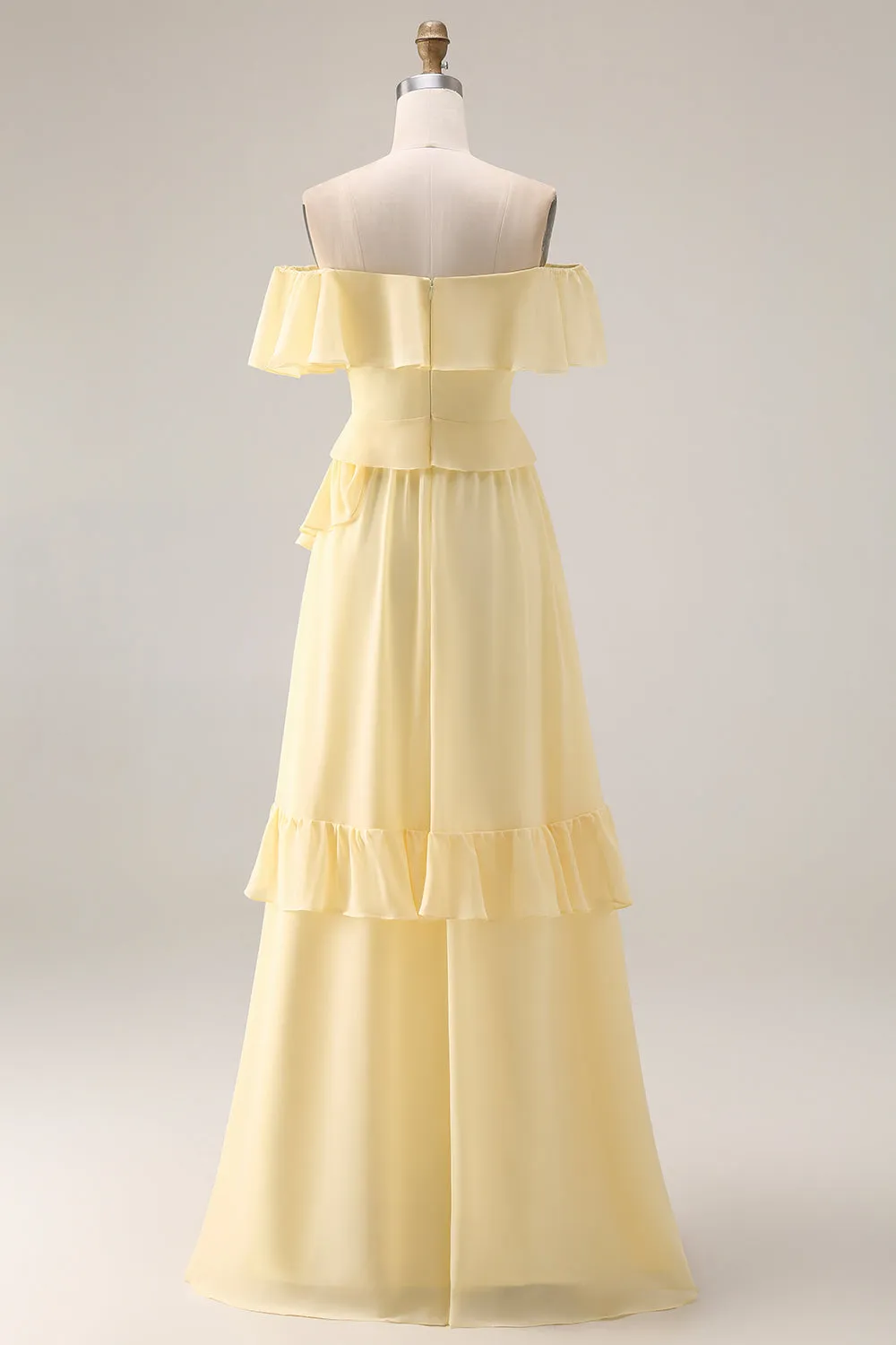Light Yellow A-Line Off The Shoulder Chiffon Long Bridesmaid Dress with Ruffles sold by Zapaka product image thumbnail 2