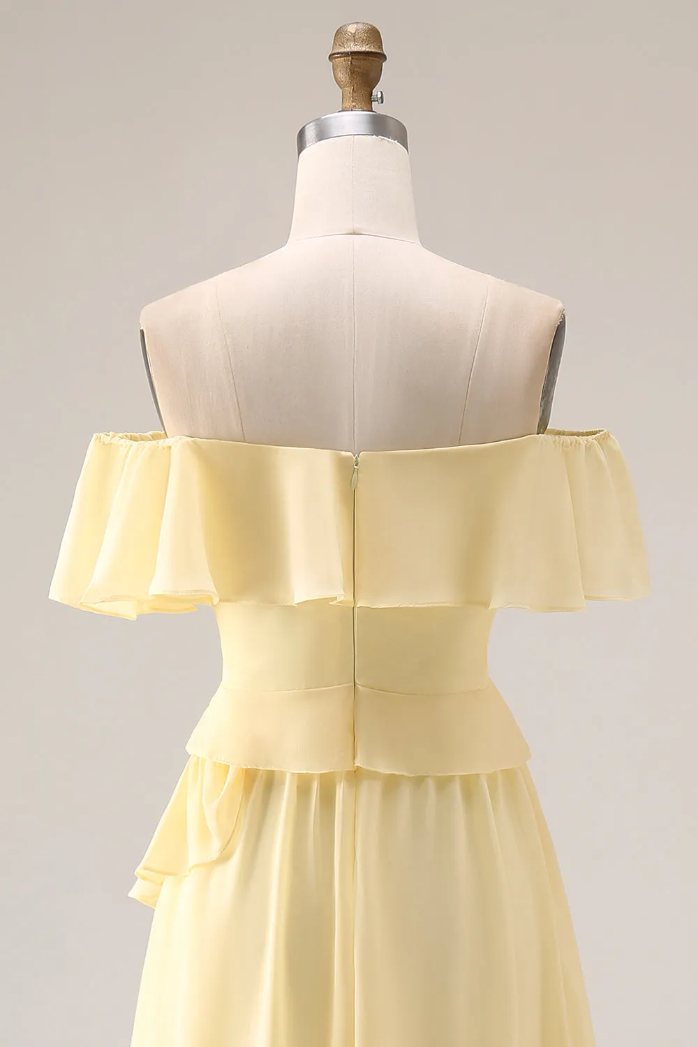 Light Yellow A-Line Off The Shoulder Chiffon Long Bridesmaid Dress with Ruffles sold by Zapaka product image thumbnail 5