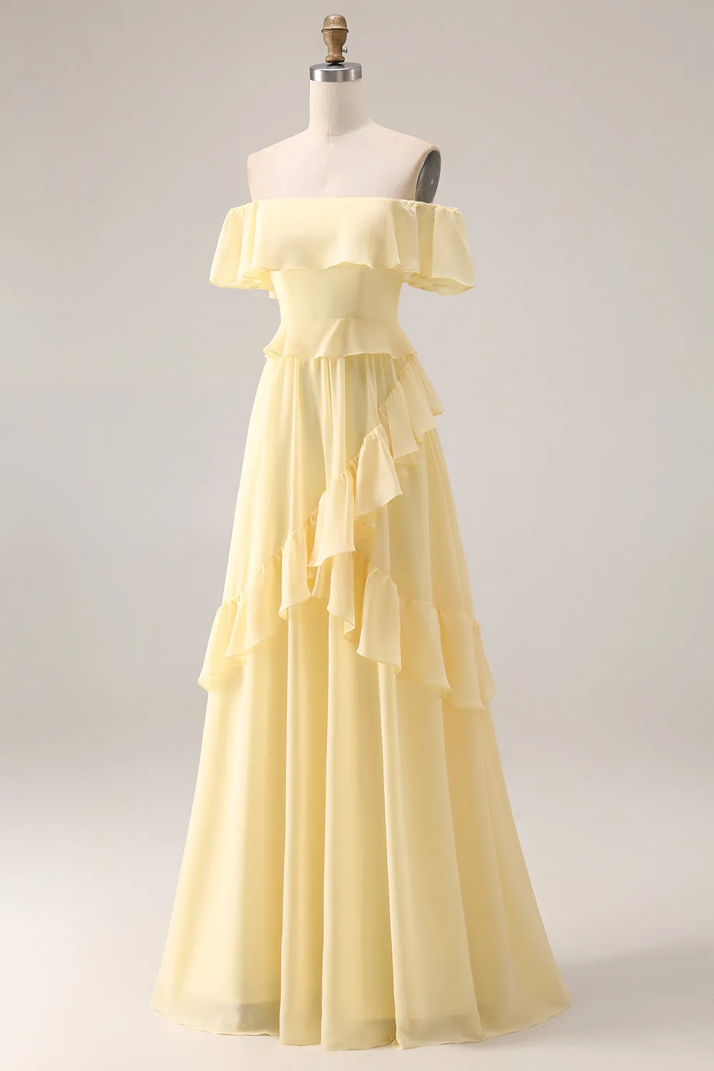Light Yellow A-Line Off The Shoulder Chiffon Long Bridesmaid Dress with Ruffles sold by Zapaka product image thumbnail 3