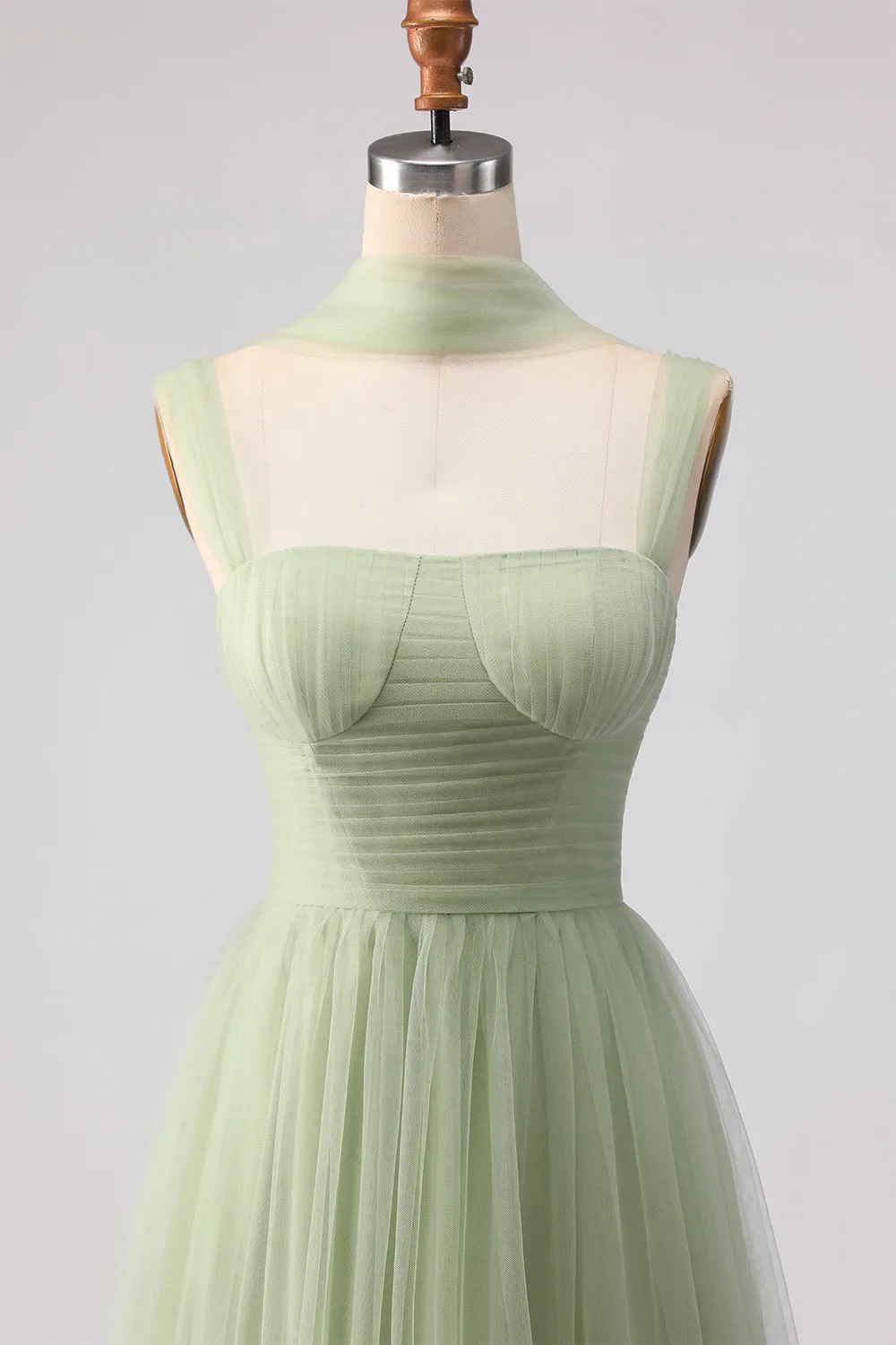 Dusty Sage A-Line Pleated Tulle Long Bridesmaid Dress with Streamer sold by Zapaka product image thumbnail 4