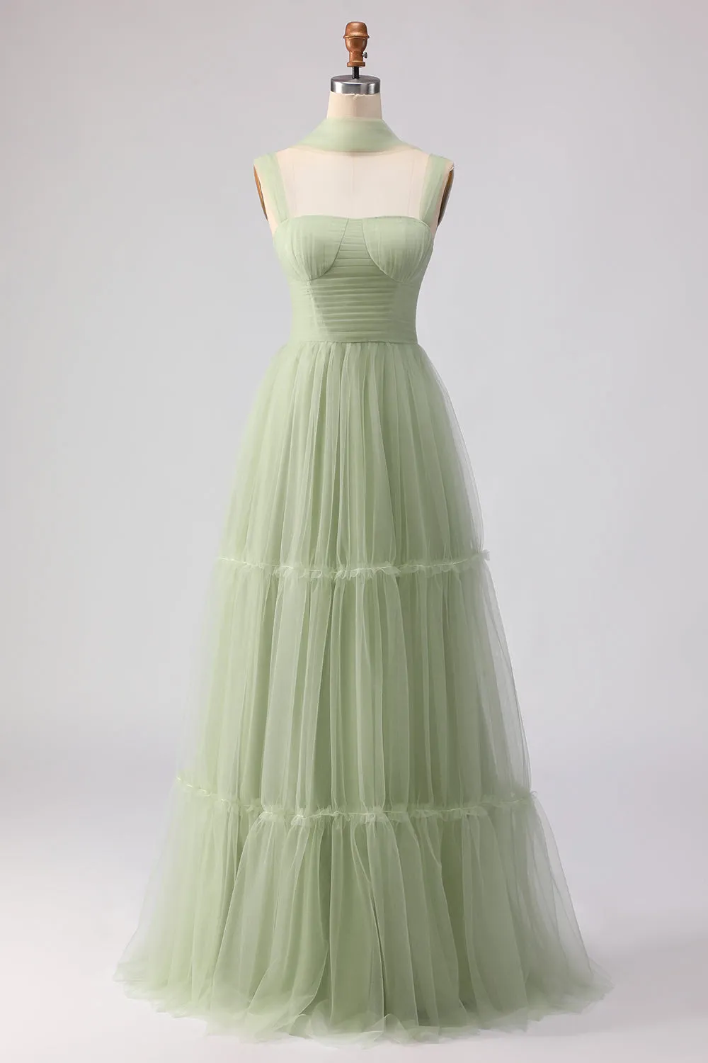 Dusty Sage A-Line Pleated Tulle Long Bridesmaid Dress with Streamer sold by Zapaka